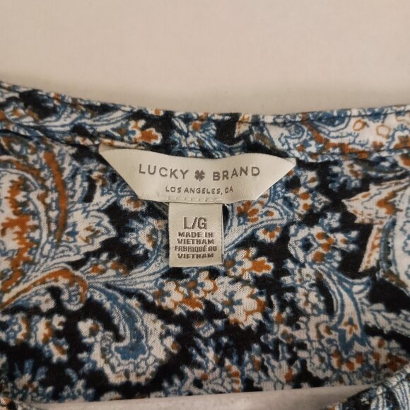 Lucky Brand Women’s Blue Printed V-Neck Jersey Top Button Front Size Large - Picture 7 of 16